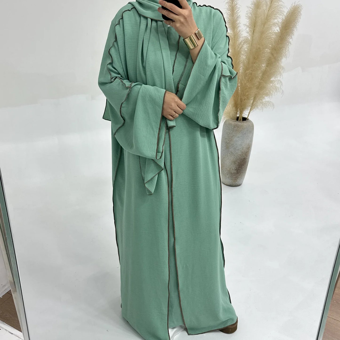 3PCS Modest Muslim Women Abaya Kimono Cardigan Hijab Scarf Maxi Dress Eid Ramadan Islamic Clothing Outfits Dubai Kaftan Djellaba